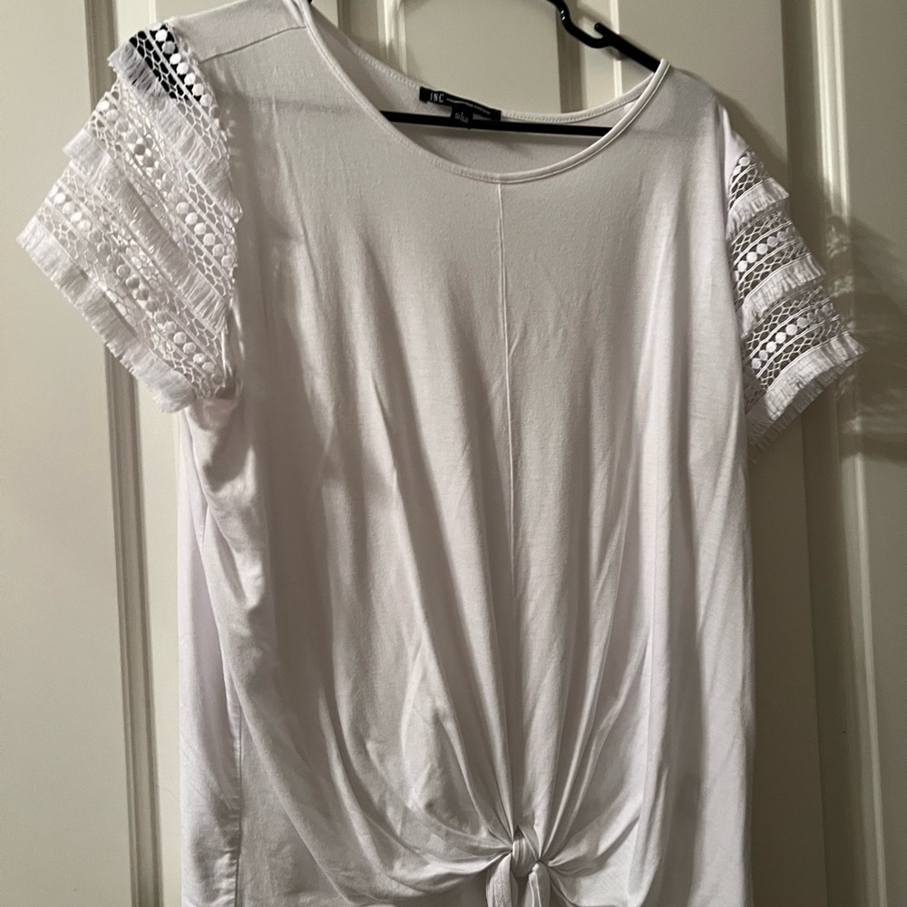 INC International Concepts White Short Sleeve Knot Front Top with Lace Sleeves